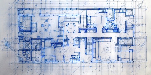 Generative AI, Blue print floor plan, architectural background, technical draw