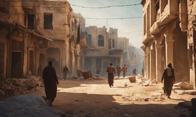 Refugees and displaced by war or a natural disaster walking through the streets of a destroyed city. Ruined demolition town. A city devastated by war and bombing. Middle east crisis - obrazy, fototapety, plakaty