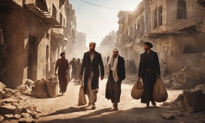 Refugees and displaced by war or a natural disaster walking through the streets of a destroyed city. Ruined demolition town. A city devastated by war and bombing. Middle east crisis - obrazy, fototapety, plakaty