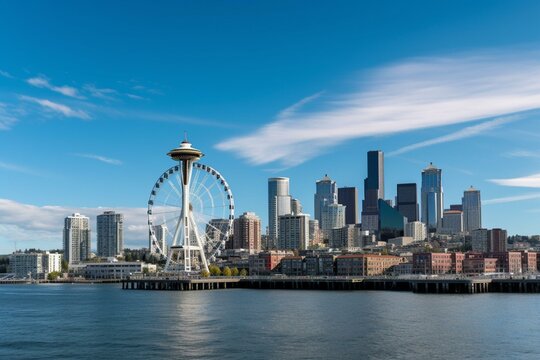 panoramic view of downtown skyline with modern skyscrapers, waterfront, great wheel and space needle. view from elliott bay seaside. Generative AI