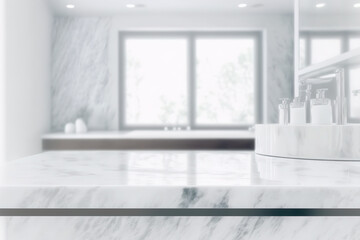 White marble counter tabletop with abstract blur interior luxury modern bathroom background for showcasing, promoting, and advertising products. Generative AI