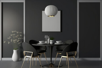 Black wall minimalistic dining room with round gray table and two chairs. Square poster, ceiling lamp. mockup. Generative AI