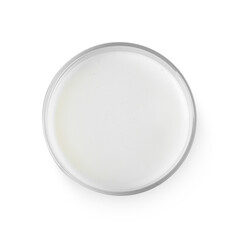 Glass of fresh milk isolated on white, top view
