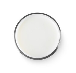 Glass of fresh milk isolated on white, top view