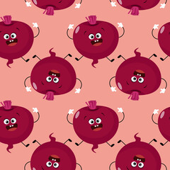 Pink and bright seamless pattern of beetles with smiles and hands
