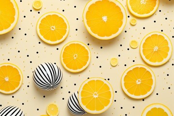 Lemons, spheres, and circles on a striped geometric background. Suitable for interior design, food packaging, cover design, or decorative prints. Generative AI
