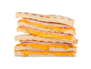 Delicious grilled sandwiches with ham and cheese isolated on white