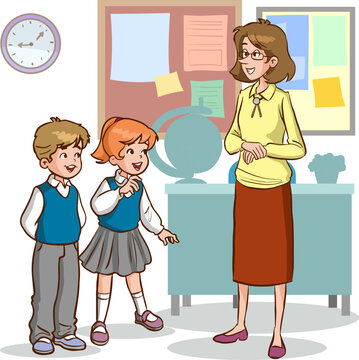 vector illustration of teacher and students talking 