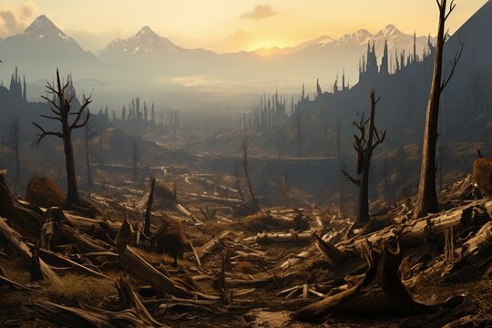 Destroyed landscape with burnt stumps and deforested valley. Generative AI