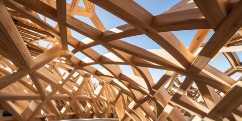 Close-up view of the intricate wooden frame of a prefabricated structure , concept of Modular construction