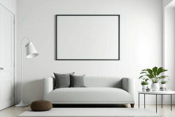 A horizontally aligned blank poster with a clipping path around it is displayed on a white wall inside a contemporary living room. Generative AI