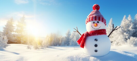 Winter holiday christmas background banner - Closeup of cute funny laughing snowman with red wool hat and scarf, on snowy snow snowscape, illuminated by the sun