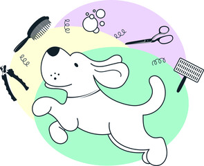Pet grooming, happy dog and groomers tool. Symbol for grooming domestic animals