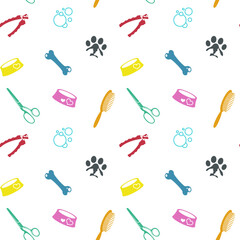 Grooming and pet care seamless pattern. Groomer tool set silhouette