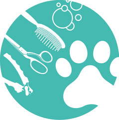 Animal footprint and groomer tool design. Pet grooming symbol