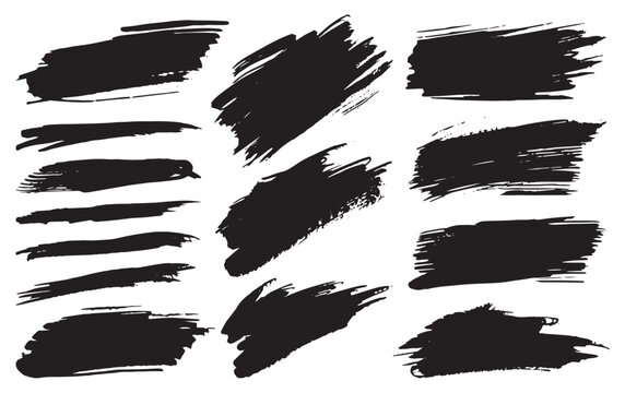 set of brushes, brush stains and strokes, black ink splash