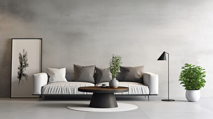 Interior of modern living room with white walls, concrete floor, gray sofa standing near round coffee table and vertical mock up poster