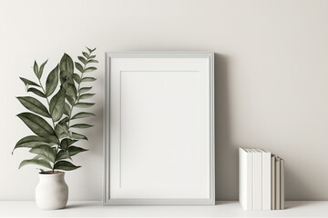 Over the shelf with a book and a plant is an empty frame. Generative AI