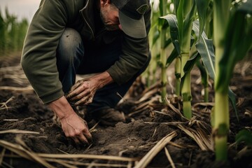 A farmer working the land, plantation in the background. Generative AI