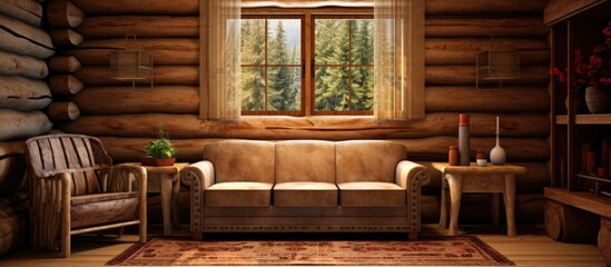 American rancher log cabin lounge interior With copyspace for text