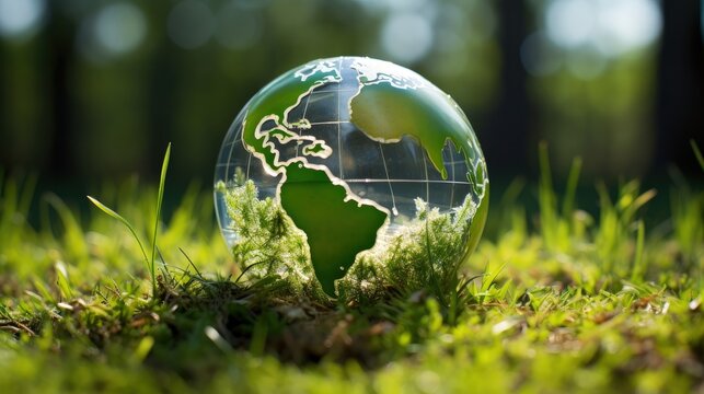 Transparent earth globe on grass, environmental preservation and sustainability. Generative AI