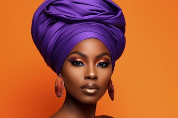 Beautiful black woman with turban, African beauty, background with bright colors. Generative AI
