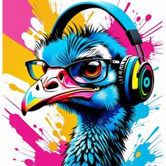 a bright image of an ostrich wearing glasses and headphones was created using artificial intelligence