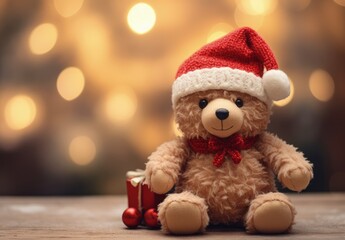 Cute teddy bear with santa claus hat, bokeh background, christmas and parties concept. Generative AI - obrazy, fototapety, plakaty