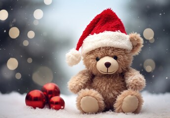 Cute teddy bear with santa claus hat, bokeh background, christmas and parties concept. Generative AI