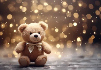 Fotobehang Cute teddy bear with santa claus hat, bokeh background, christmas and parties concept. Generative AI © Deivison