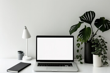Horizontal image of a simple workspace with a white desk, a laptop, a plant, and a book. Generative AI