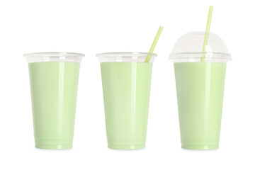 Collage with plastic cup full of tasty smoothie isolated on white