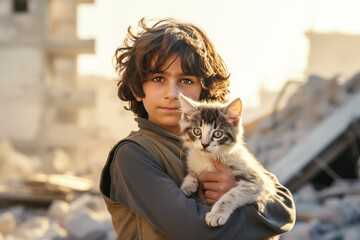 Boy hugs a cat in destroyed city rubble. Survivors of bombing or earthquake disaster - obrazy, fototapety, plakaty