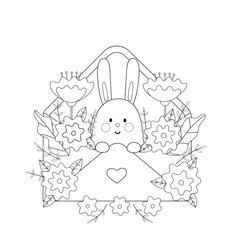 Cute kids coloring book with bunny peeking out of envelope. Funny simple black and white illustration with animal and flowers.