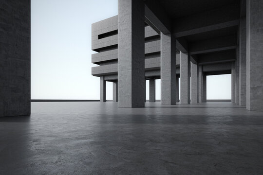 Empty concrete floor with building. 3d rendering of abstract architecture background.