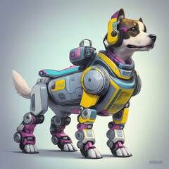 Robot with headphones and a dog on wheels. 3d illustration