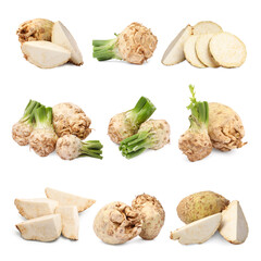 Whole and sliced celery roots isolated on white, collage design