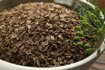 Bowl of dry seeds and fresh dill, closeup