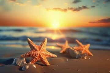 Tropical landscape with starfish on the beach, beautiful sunset and sea, bokeh background. Generative AI