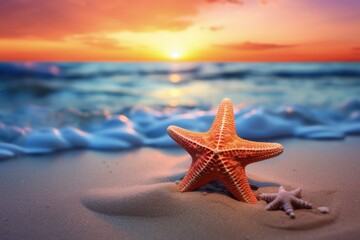 Fototapeta na wymiar Tropical landscape with starfish on the beach, beautiful sunset and sea, bokeh background. Generative AI