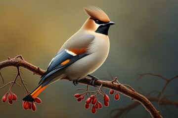 A captivating bohemian waxwing bird perched on a twig, depicted in an enchanting artwork. Generative AI