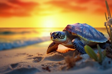 Turtle on the sea sand, sunset bokeh background. Generative AI