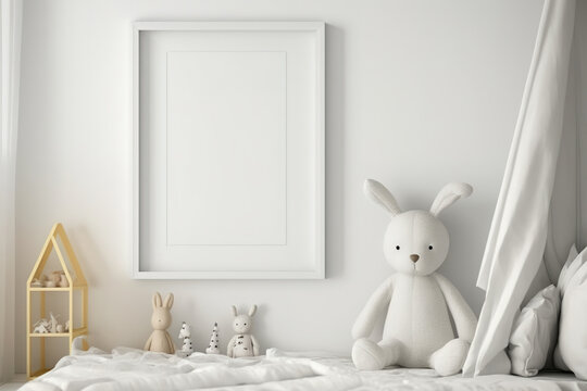 Empty horizontal picture frame on modern child's cream wall. Scandi interior mockup. Free poster/picture space. Toys, bed. Kid-friendly room. Generative AI