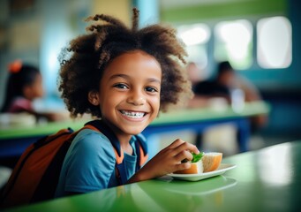 Child at school eating lunch. Generative AI - obrazy, fototapety, plakaty