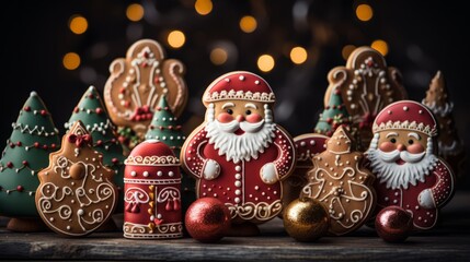 Gingerbread cookies in the form of Santa Claus and candies. Gingerbread cookies design. Horizontal banking background for web. Photo AI Generated