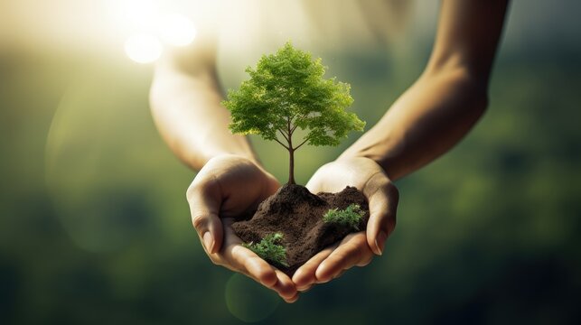 Person holding small tree with earth, concept of environmental preservation and sustainability. Generative AI