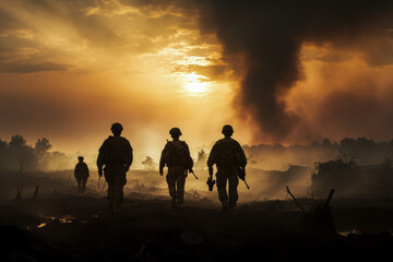 Silhouetted soldiers against war-torn landscapes under somber smoky skies 