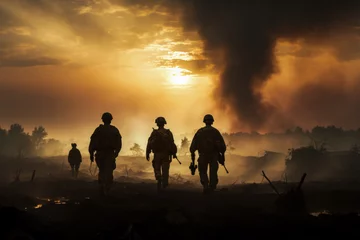 Poster Im Rahmen Silhouetted soldiers against war-torn landscapes under somber smoky skies  © fotogurmespb