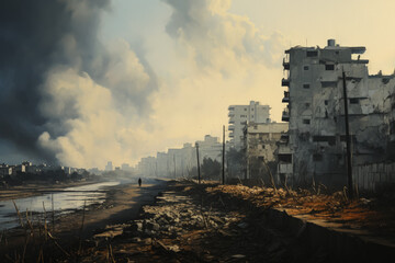 Smoke billows over barrier walls painting a haunting Gaza skyline  - obrazy, fototapety, plakaty