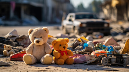 Childrens toys scattered amongst rubble subtle testimonies of Gazas displaced youth  - obrazy, fototapety, plakaty